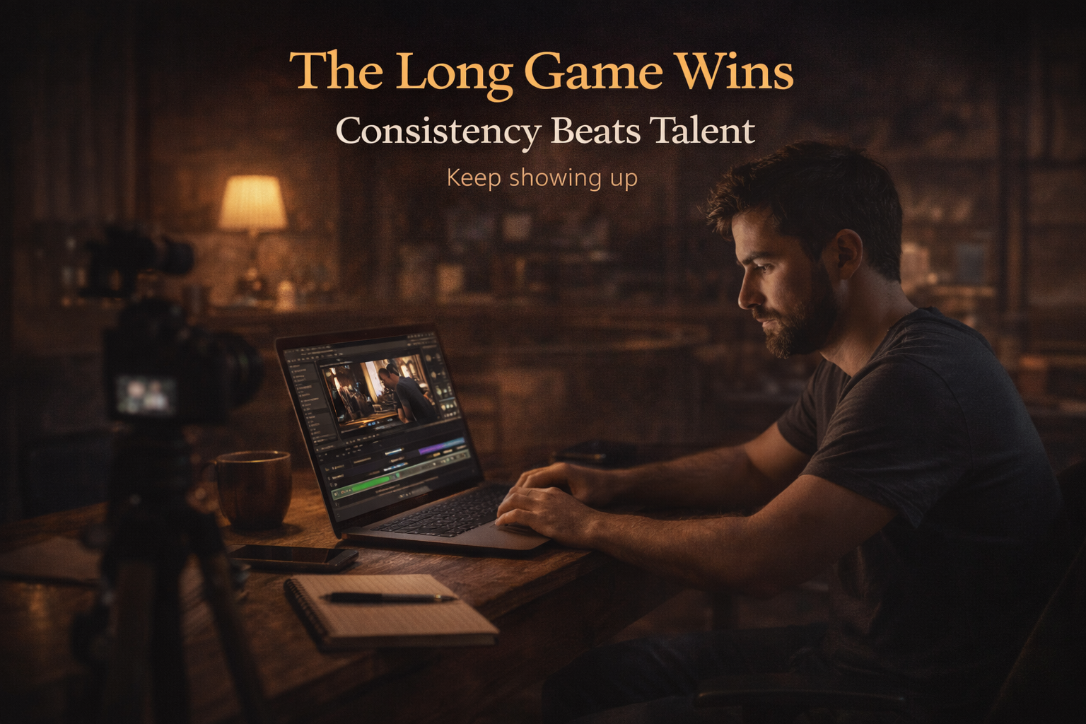 Creator working late at night on content, representing consistency and long-term growth on TikTok.