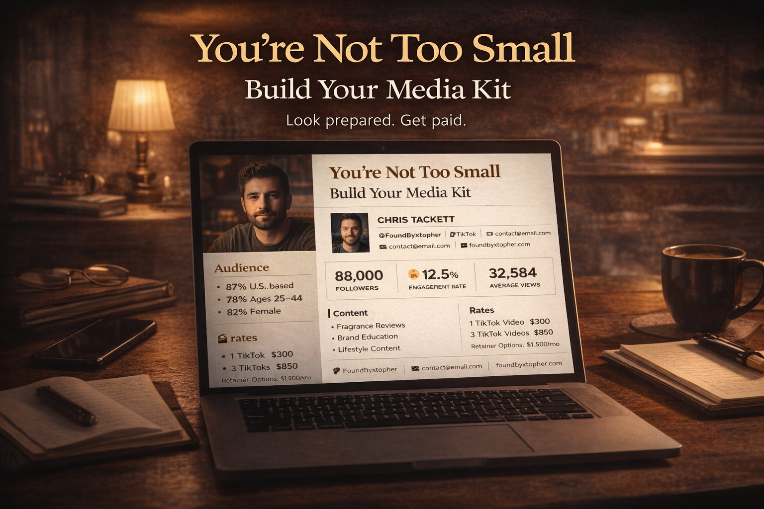 Laptop displaying a creator media kit on a desk with a phone, notebook, and coffee, representing preparing for brand deals.