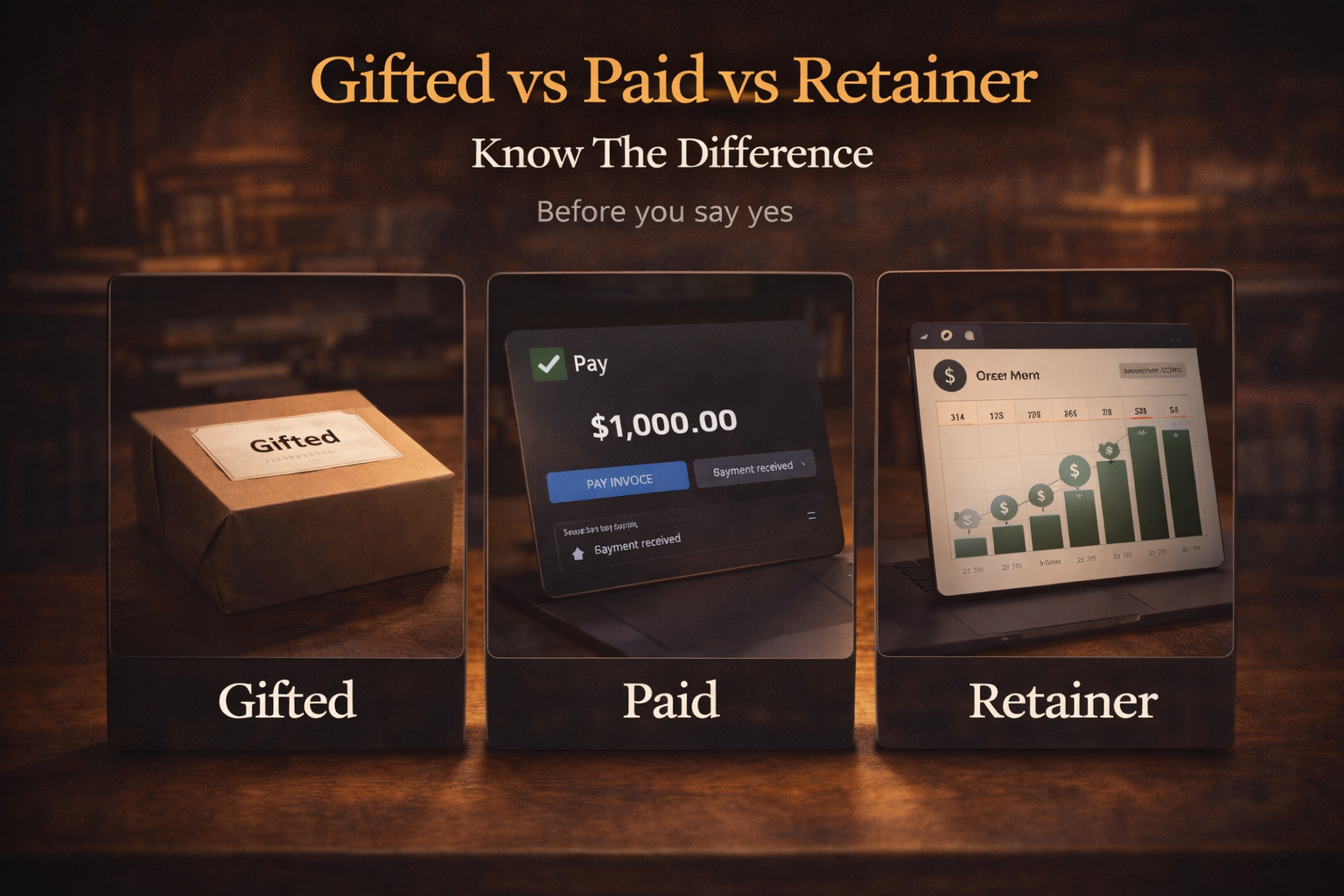 Visual showing gifted, paid, and retainer brand deal types with product, payment, and recurring income concepts.
