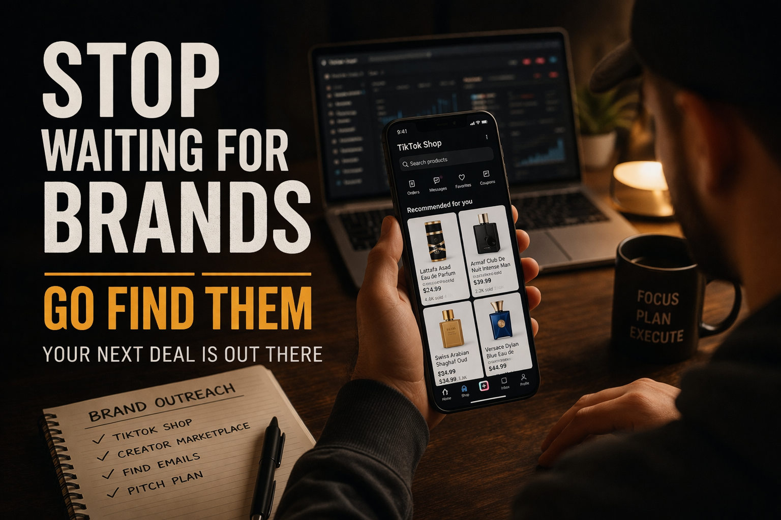 Creator scrolling TikTok Shop looking for brands to work with, representing proactive outreach.