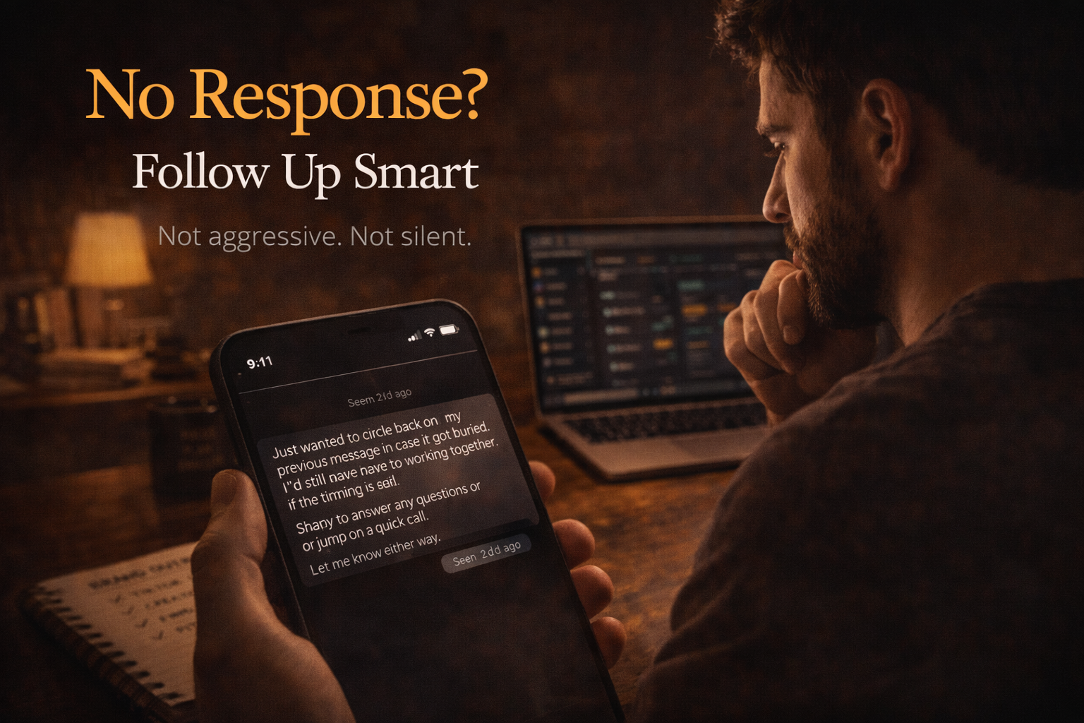 Creator reviewing a message thread with no response, representing how to follow up with brands professionally.
