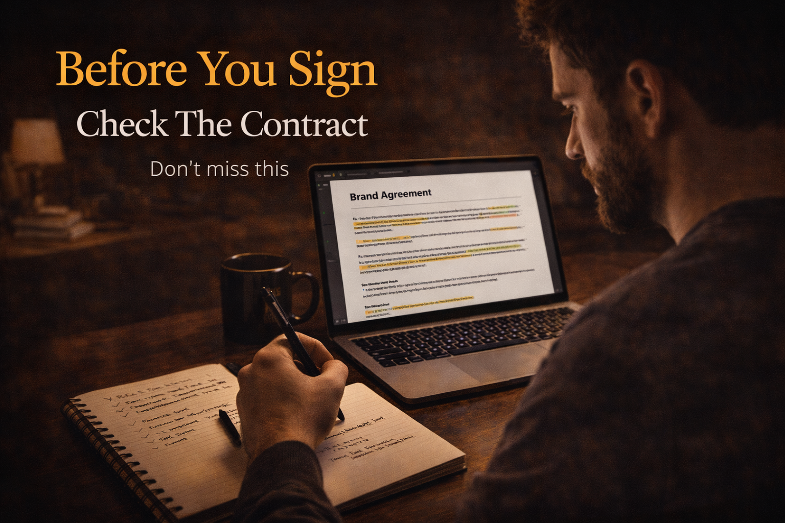 Creator reviewing a brand contract on a laptop, representing careful evaluation before signing.