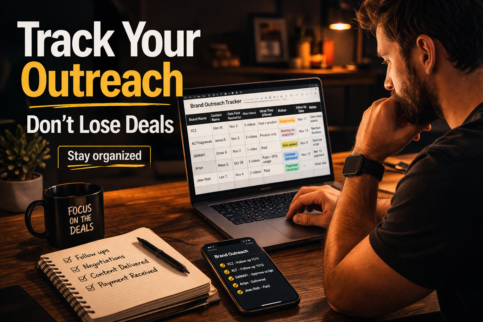 Creator using a spreadsheet to track brand outreach and follow-ups, representing organization and deal management.