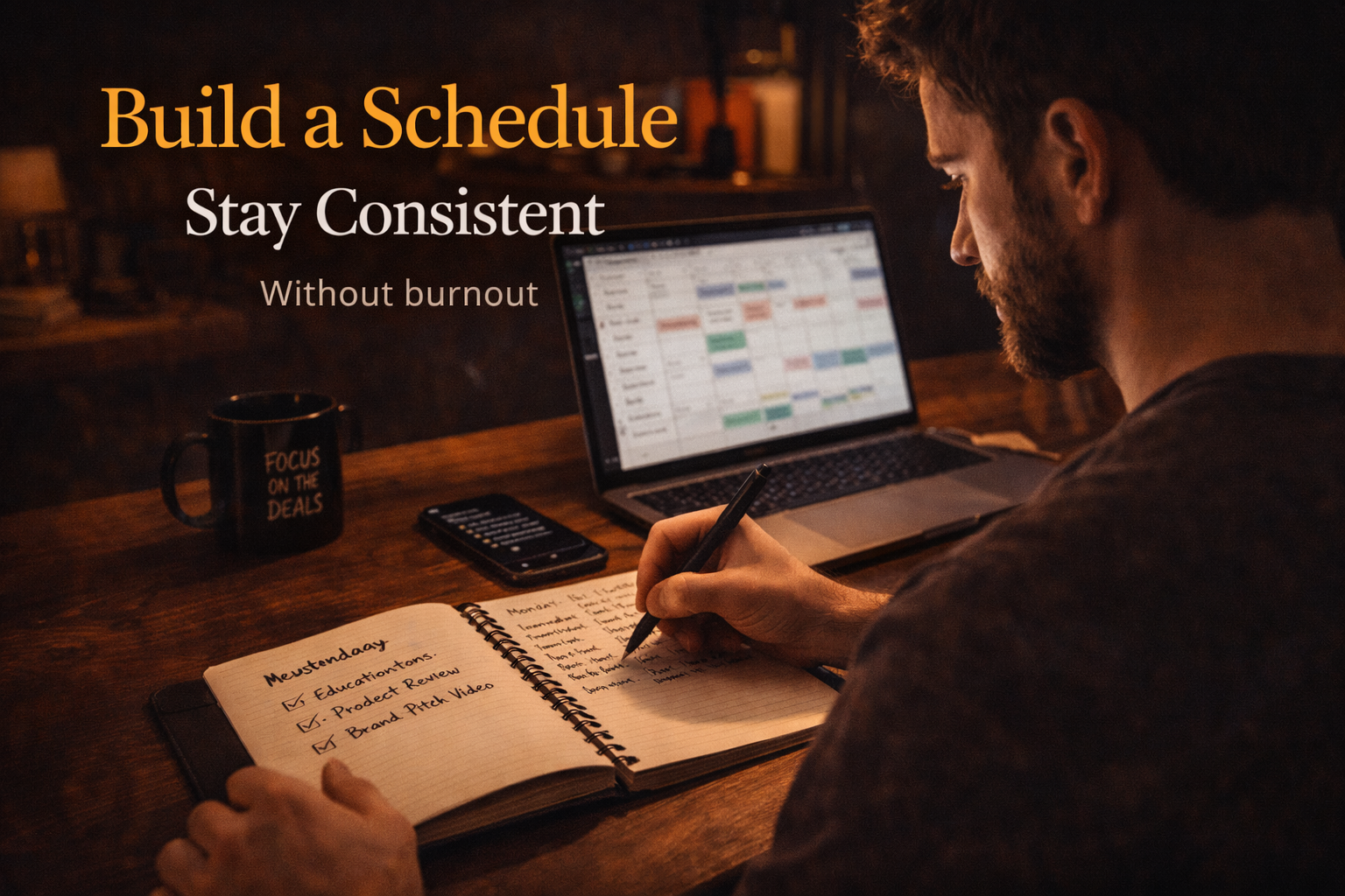 Creator planning a TikTok content schedule using a notebook and laptop, representing consistency and organization.