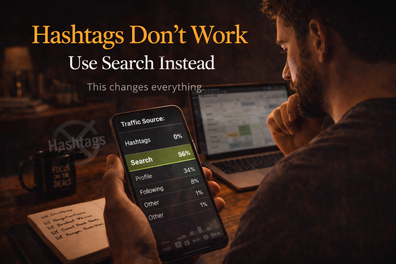 Creator reviewing TikTok analytics showing traffic sources, emphasizing search over hashtags.