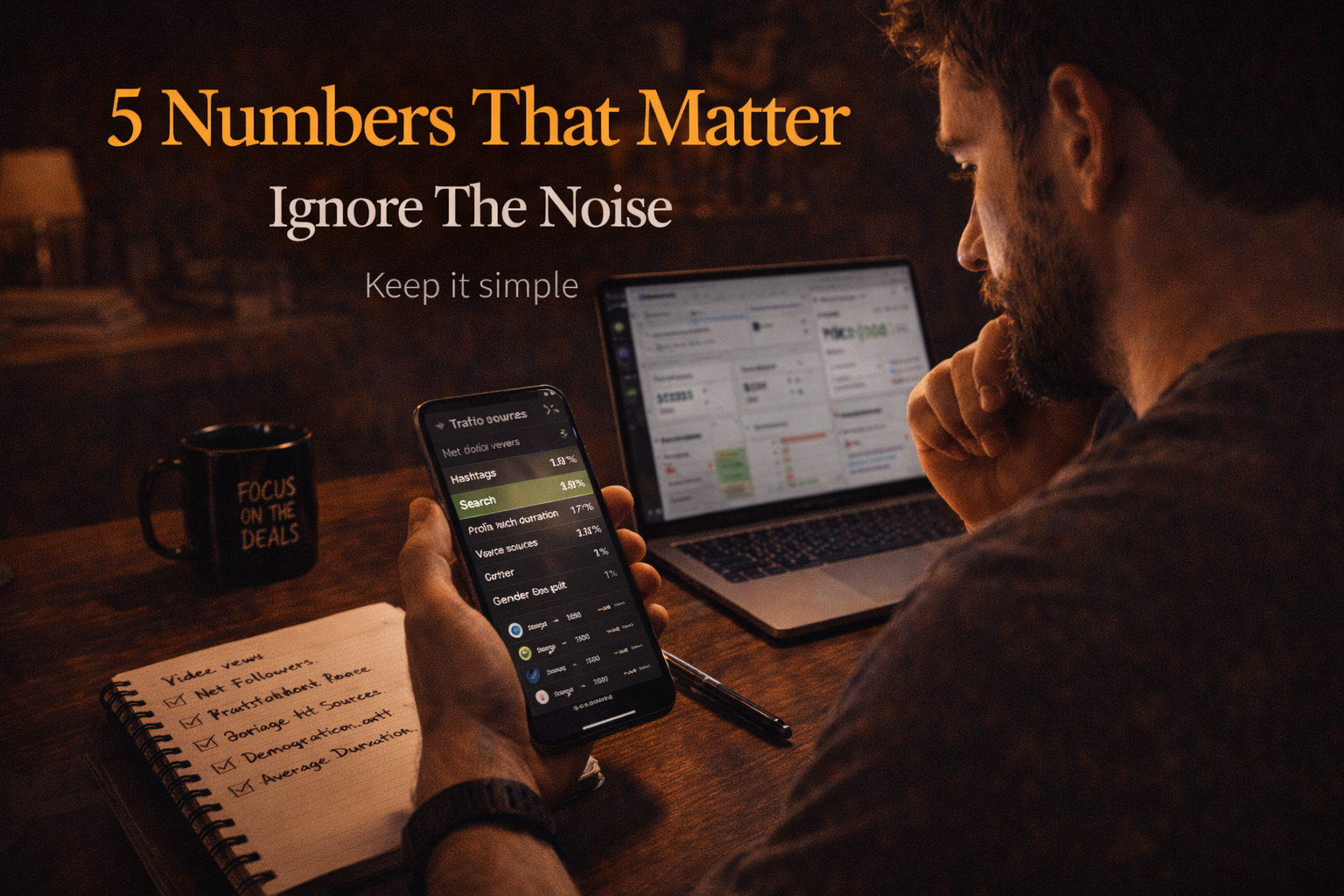 Creator reviewing TikTok analytics on a laptop and phone, focusing on key performance metrics.