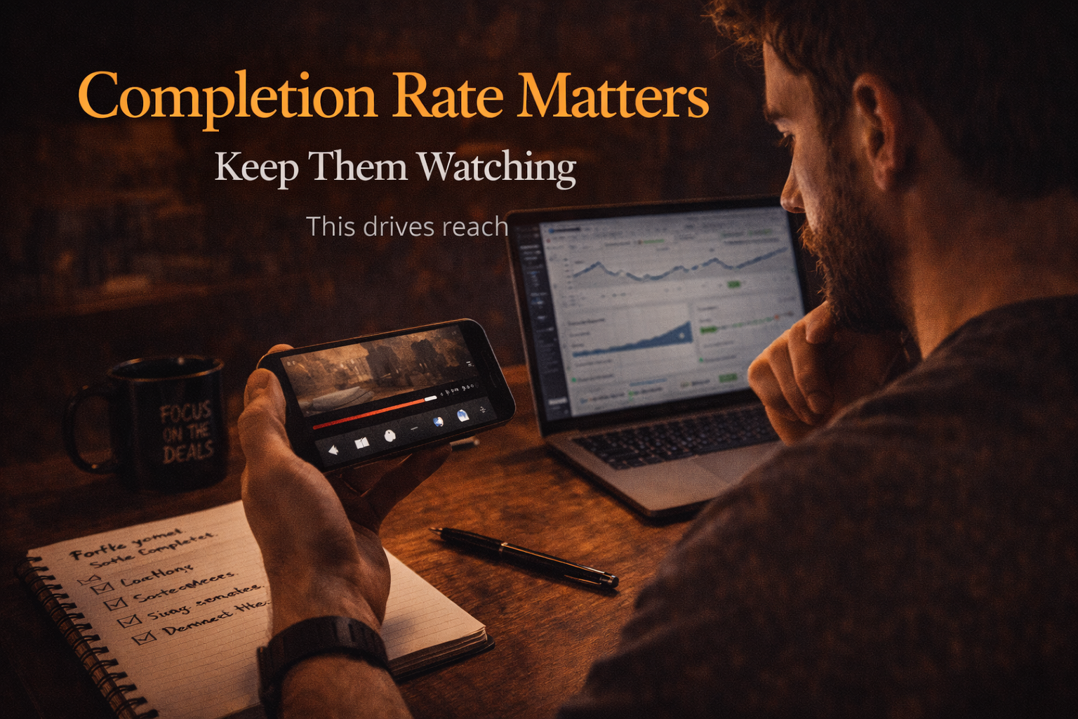 Creator analyzing video completion rate on TikTok analytics, focusing on viewer retention