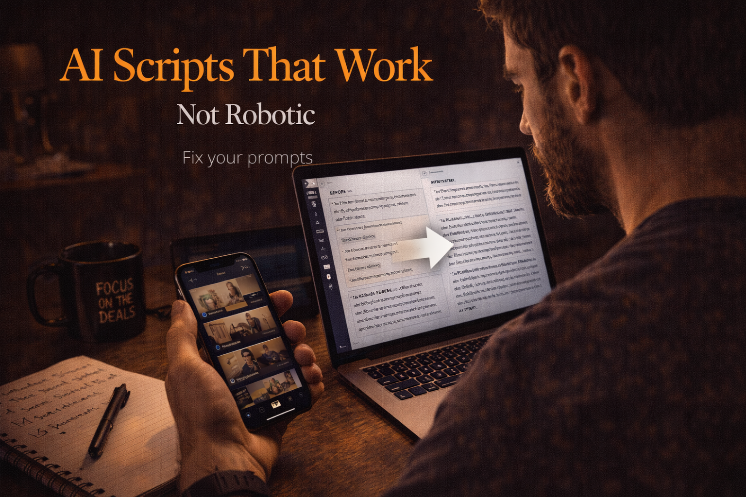 Creator using AI to generate a TikTok script on a laptop, improving content creation efficiency.