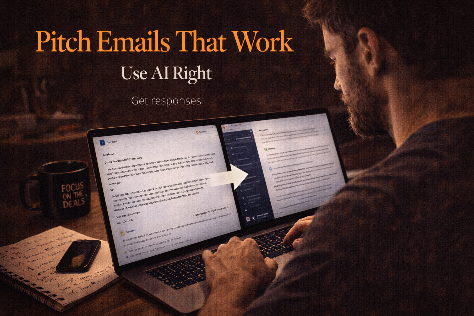 Creator using AI to write a brand pitch email on a laptop, improving outreach and response rates.