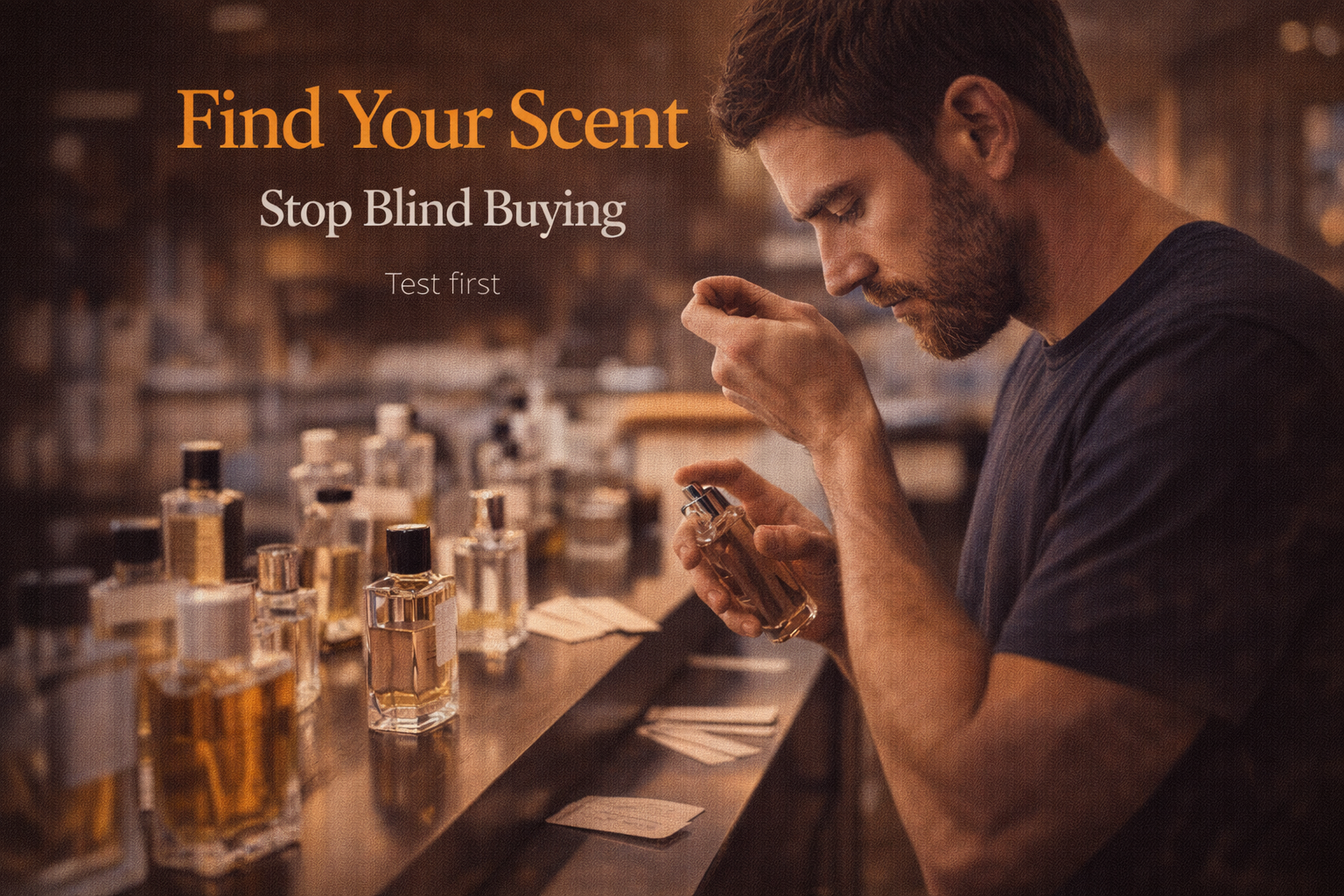 Person testing different fragrances at a store counter to find their signature scent.