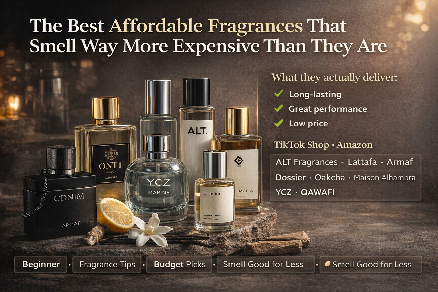 Collection of affordable fragrance bottles styled in a warm, premium setting, showing that budget fragrances can look and feel high-end.