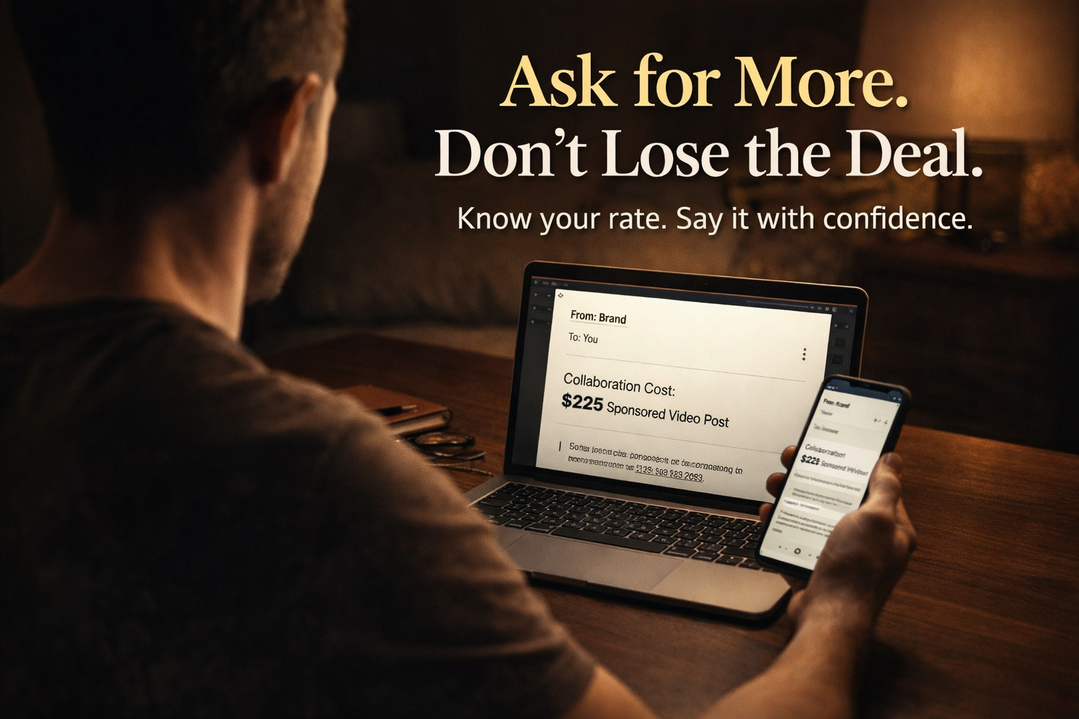 Creator reviewing a brand offer on a laptop and phone, representing negotiating higher pay for content collaborations.