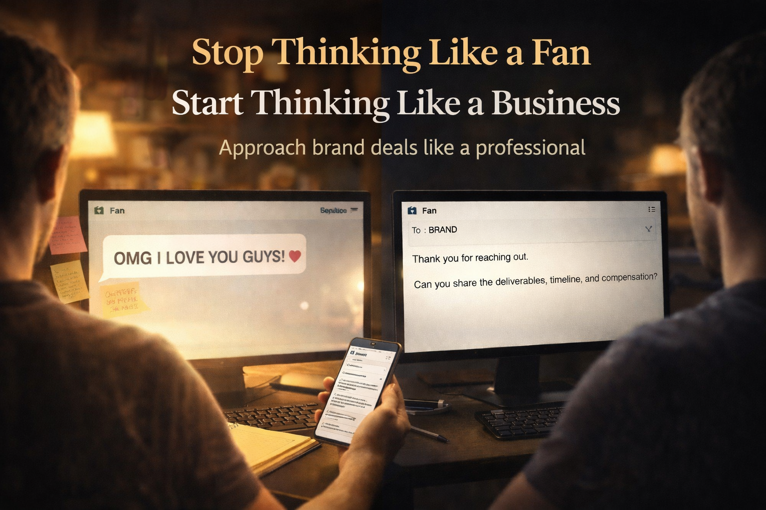 Split scene showing a creator responding to a brand as a fan versus responding professionally as a business.