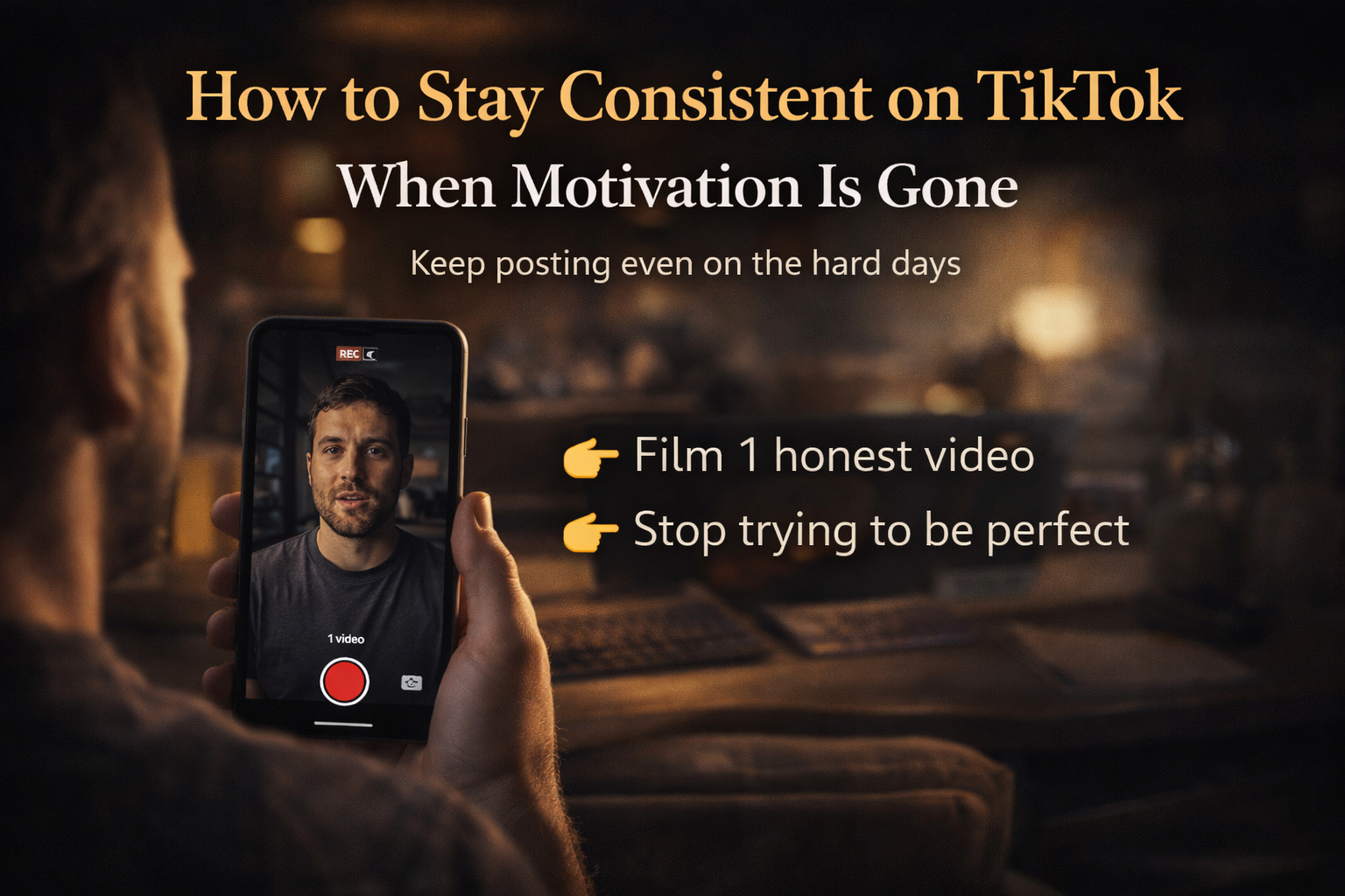 Person recording a TikTok video on their phone in a dim room, representing staying consistent and creating content even when motivation is low.