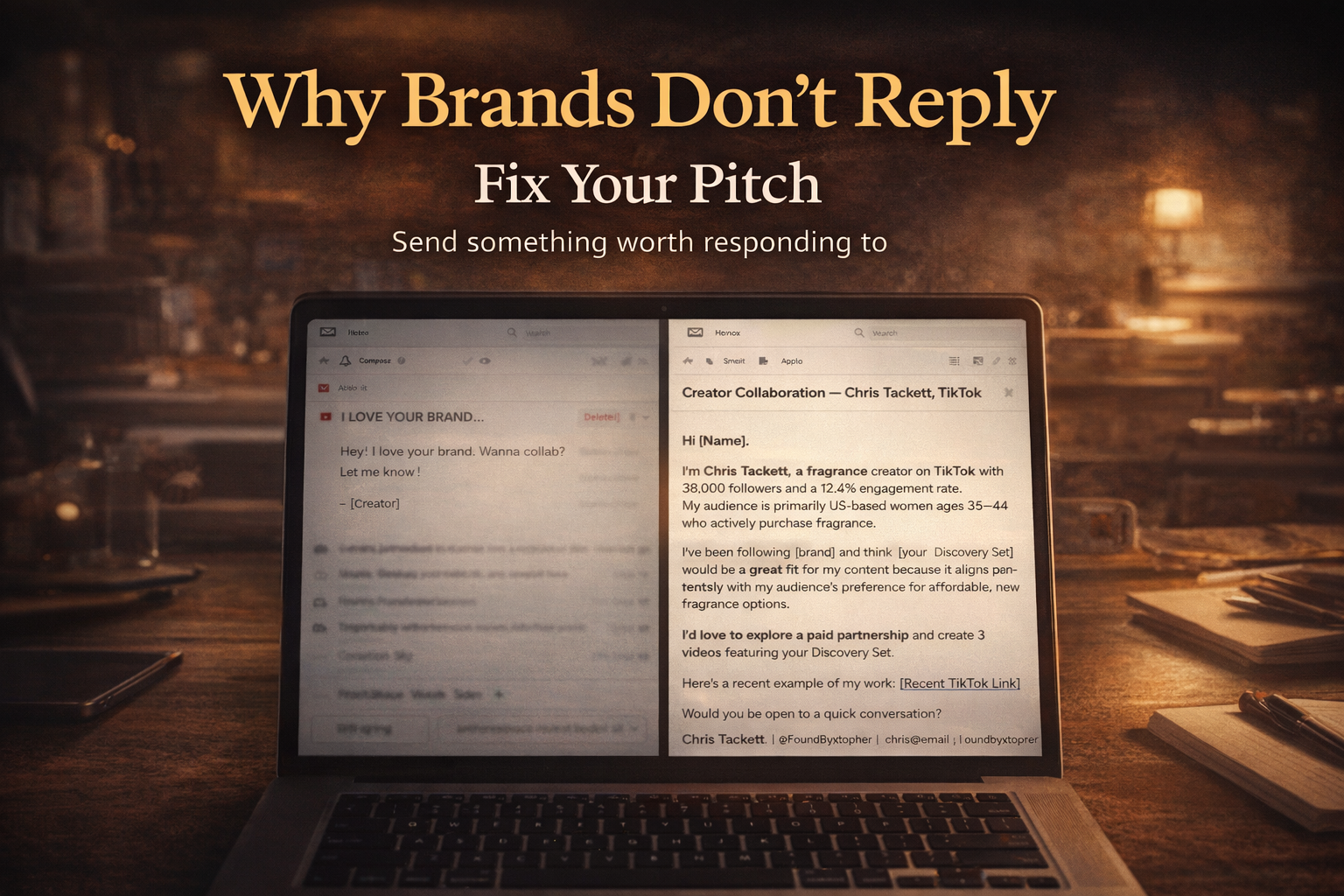 Laptop screen showing a generic ignored pitch email next to a structured professional creator pitch email.